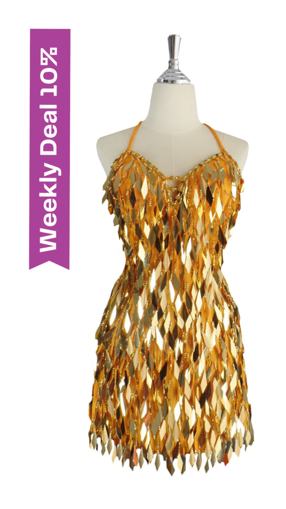 Short handmade sequin dress, in diamond-shaped metallic gold sequins