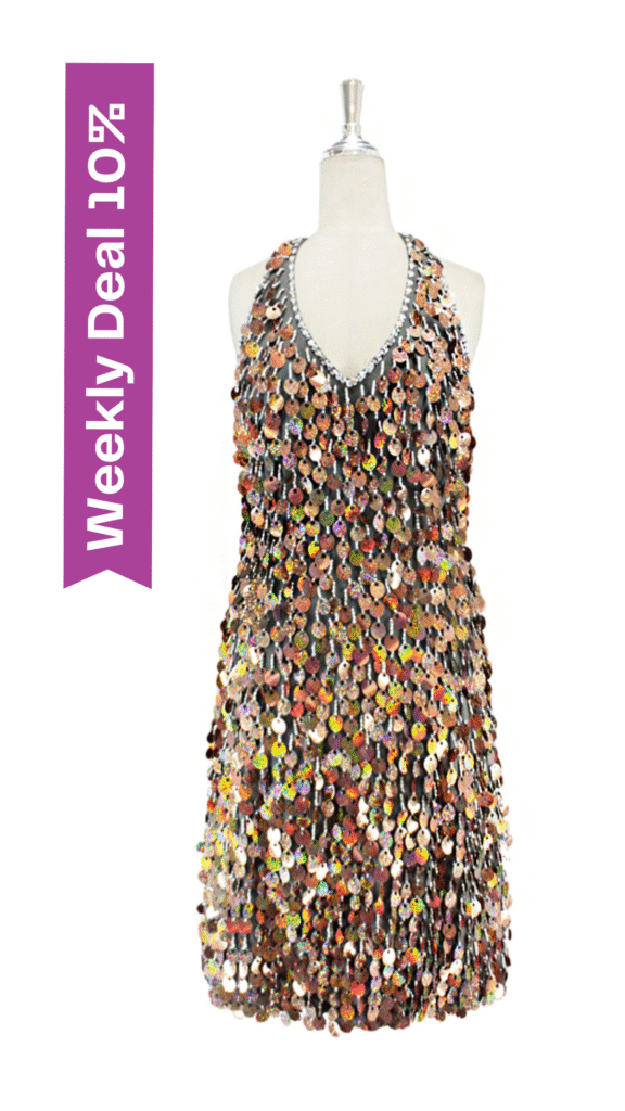 Short handmade sequin dress in hologram copper-brown paillette sequins with silver faceted beads, a luxe grey fabric background and a halter-neck cut