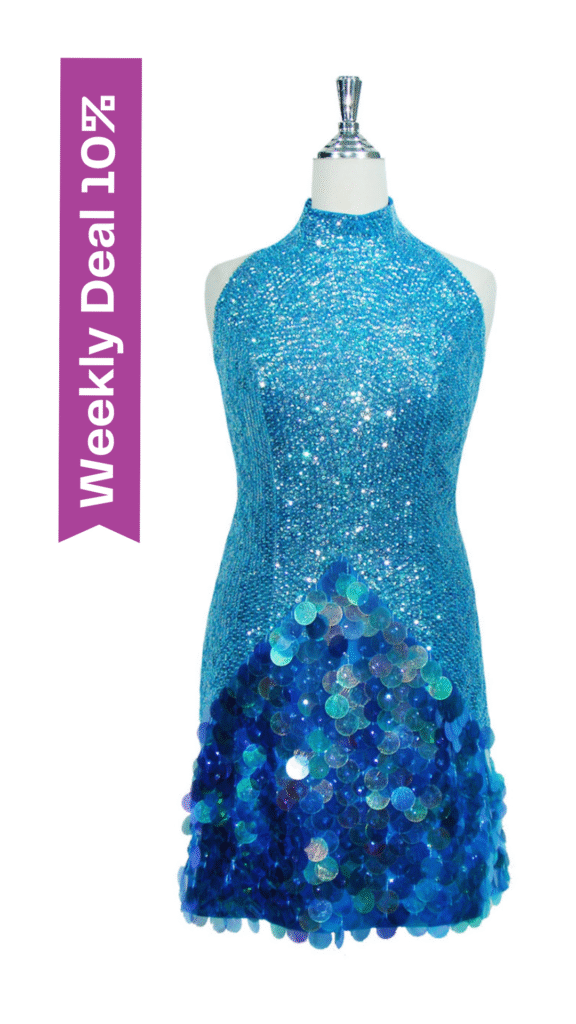 Short Chinese Collar Blue Sequin Dress with Paillette Skirt