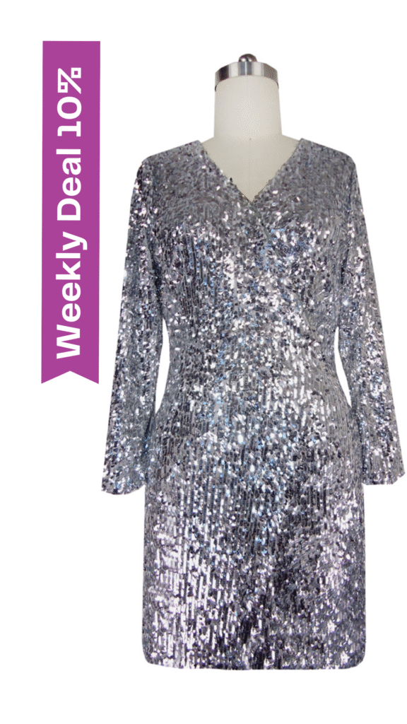 Short Sequin Fabric Dress in Silver Metallic Sequins with Sleeves
