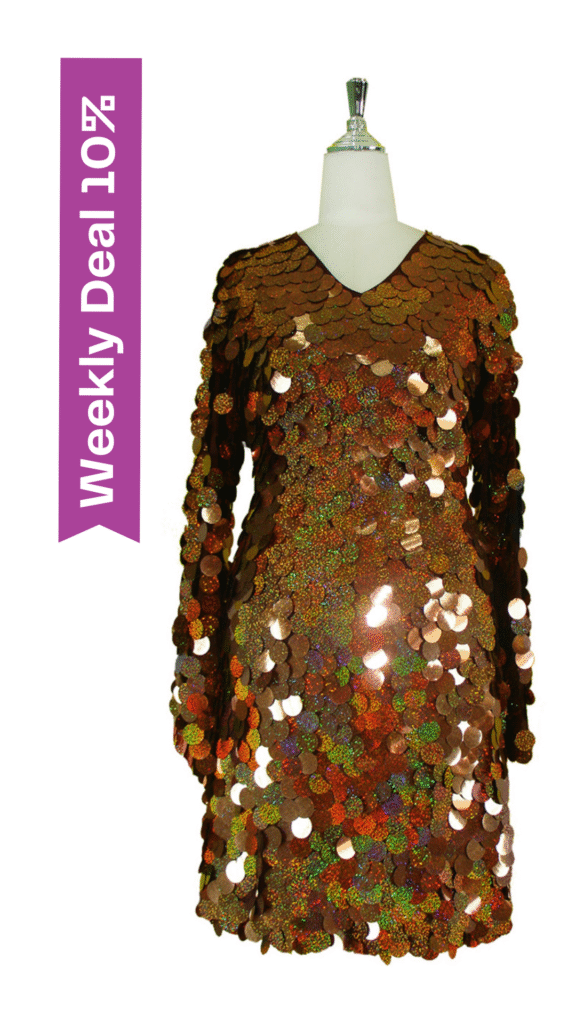 Short Handmade Paillette Hologram Brown Sequin Dress with Oversized Sleeves