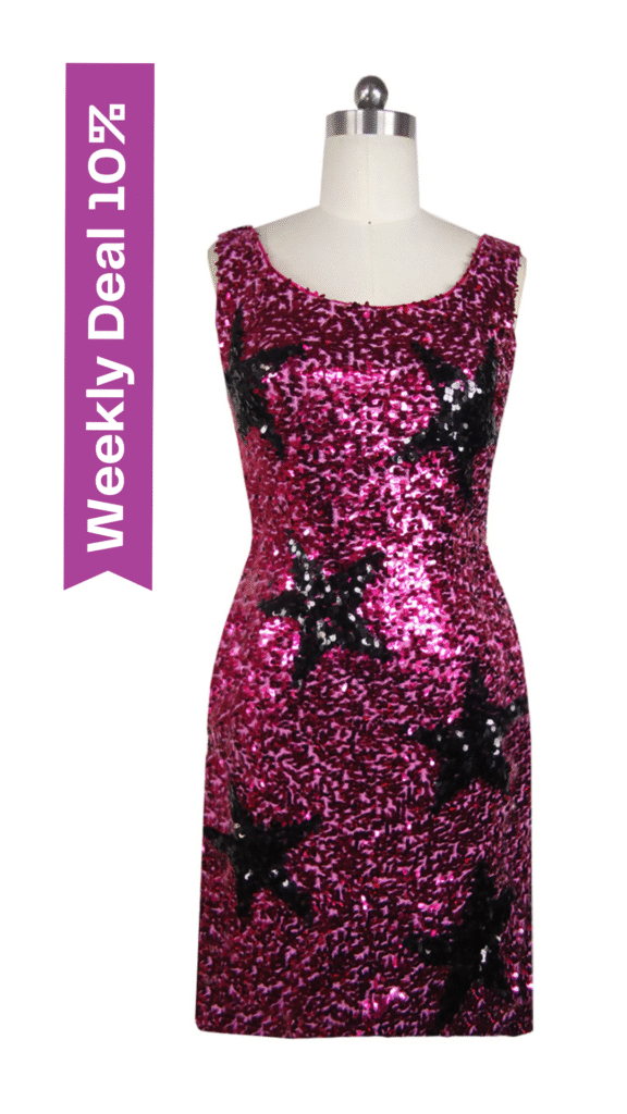 Short Sequin Fabric Dress in Fuchsia with Black Star Pattern