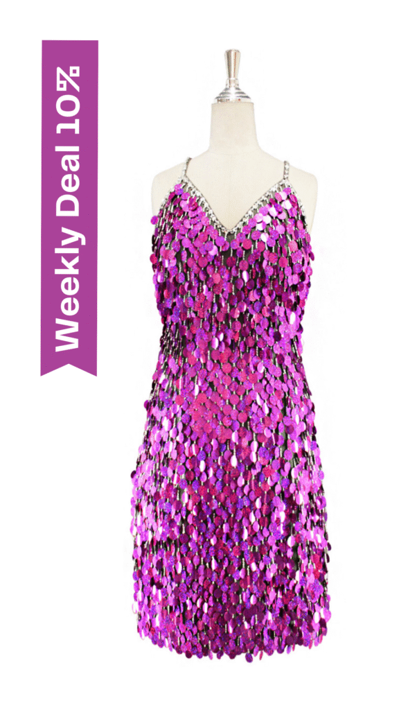 Short handmade sequin dress in rectangular metallic fuchsia paillette sequins with a luxe grey fabric background and a straight hemline