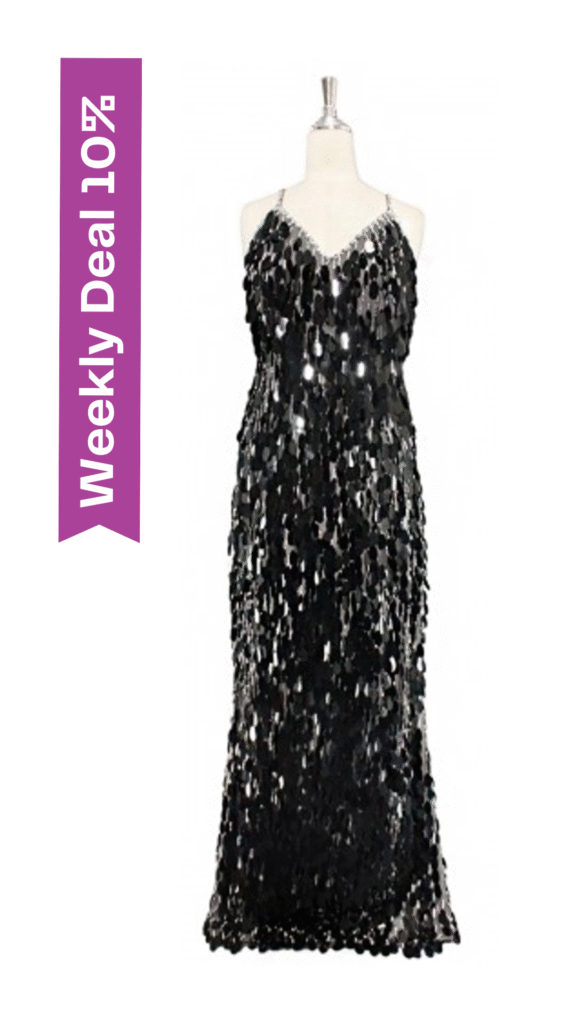 Long handmade sequin dress, in unique tear-drop shape black paillette sequins with silver faceted beads and a luxe grey fabric background
