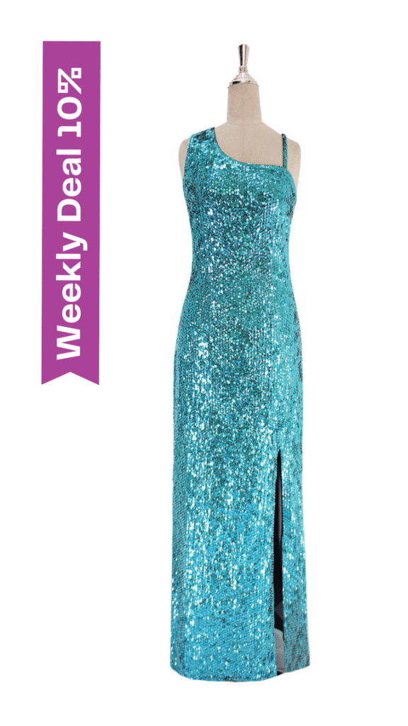 Long handmade sequin dress, in 8mm classic turquoise cupped sequins