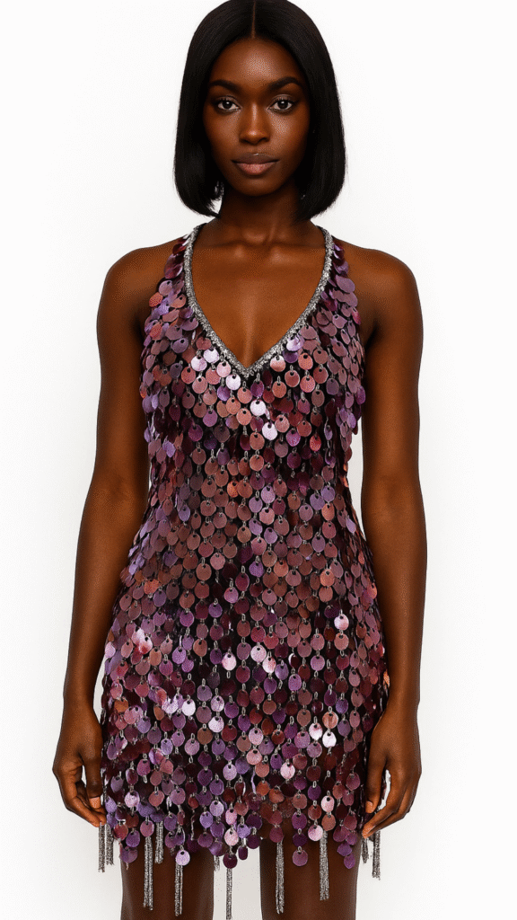 Short handmade sequin dress, in metallic striated fuchsia paillette sequins halter-neck and a jagged beaded hemline