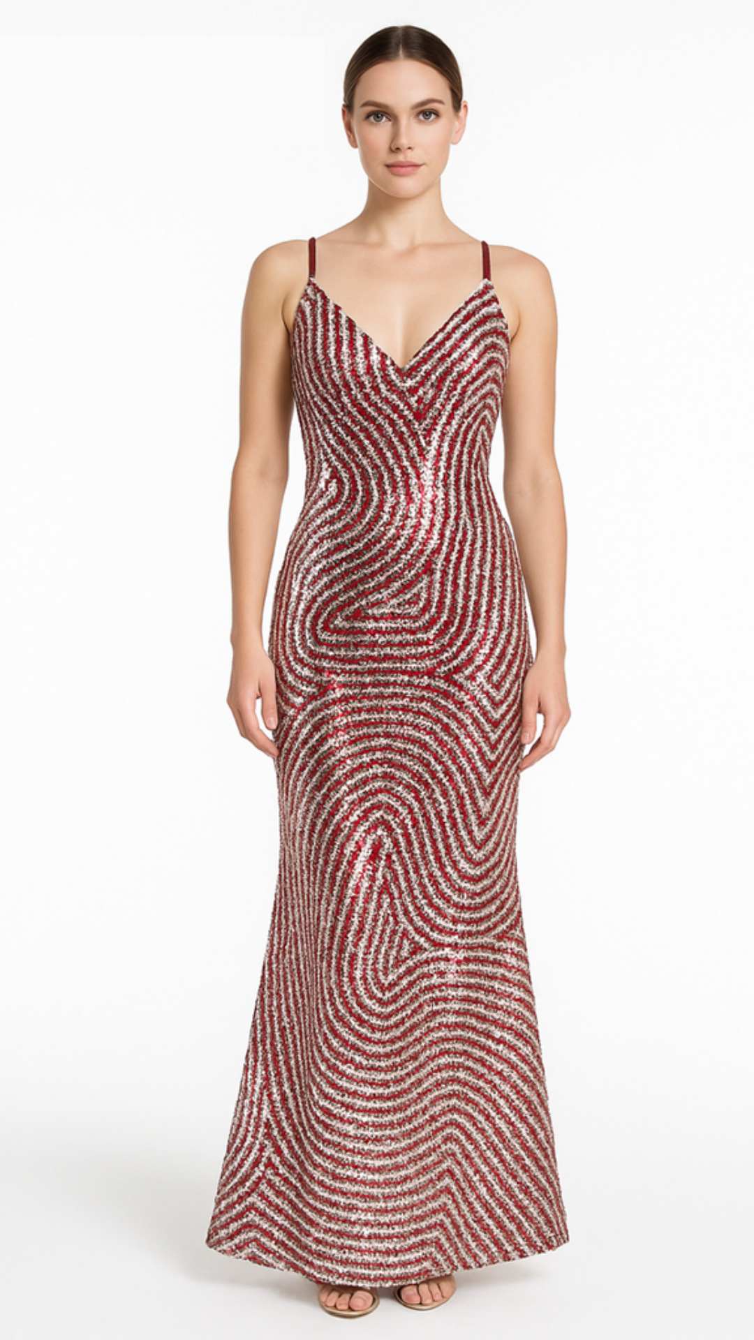 Long handmade sequin dress, in 10mm metallic red and silver sequins