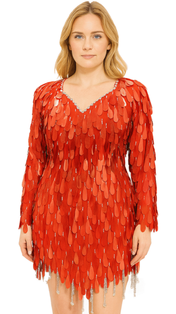 Handmade Short Hologram Tear Shapped Sequins Dress In Red with Long Sleeves and Jagged BEaded Hemline