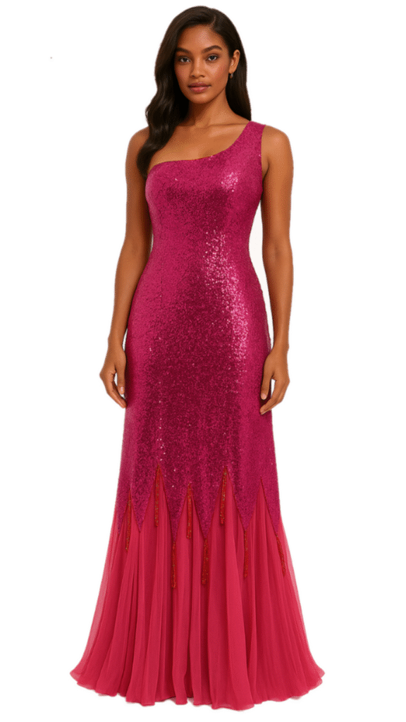 Long Red Sequin Fabric Dress With Ruffles And Jagged Beaded Hemline