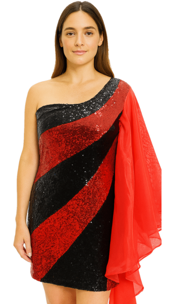 Short Black and Red Sequin Fabric Dress With One Shoulder Red Ruffle Sleeve