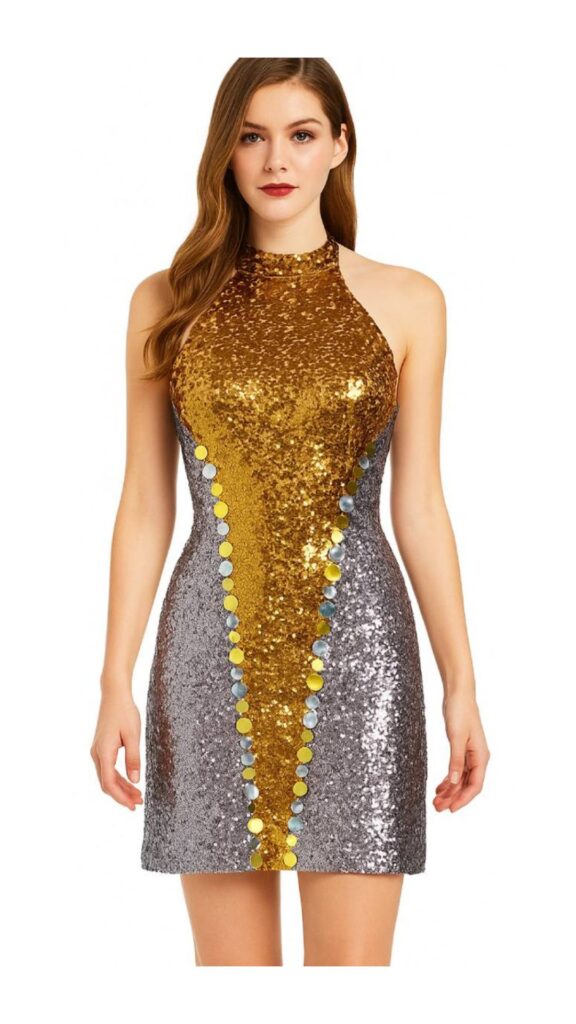 Short patterned dress in silver and gold sequin fabric with Chinese collar