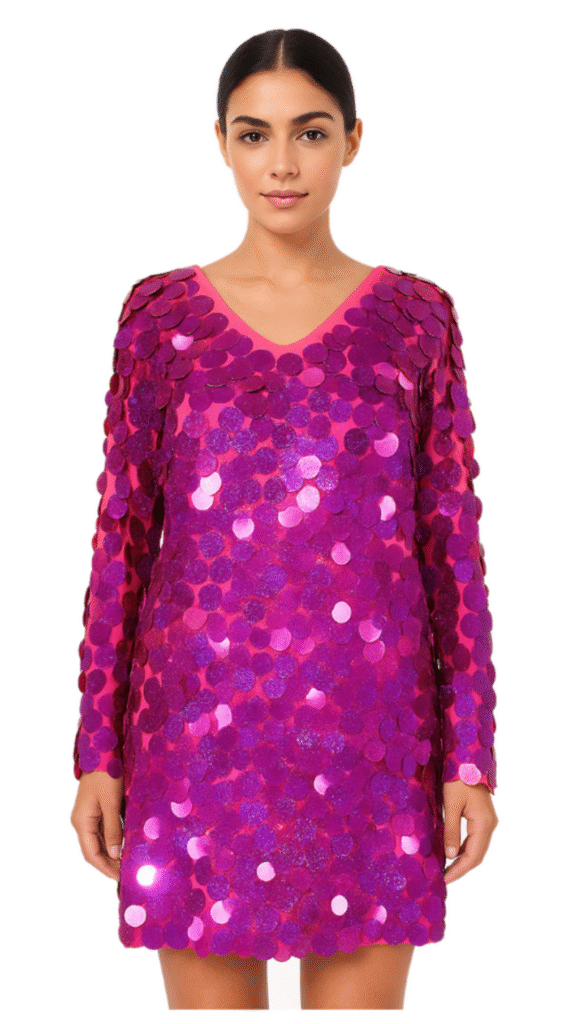 Short Handmade Paillette Hologram Fuchsia Sequin Dress with Sleeves