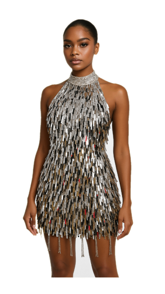 Handmade Short Rectangle Metallic Silver Sequins with Jagged Beaded Hemline