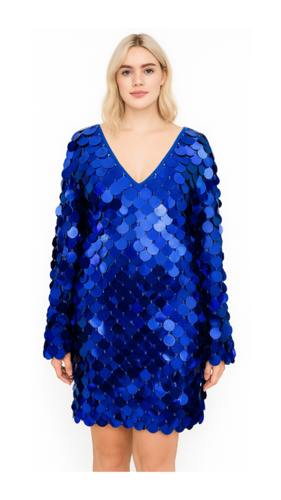 Handmade Short 30MM Dark Blue Sequins Dress with Bell Sleeves
