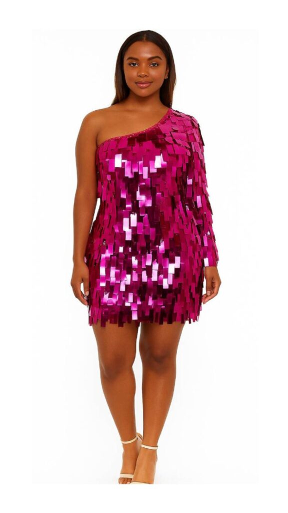 Short Handmade Rectangular Paillette Fuchsia Sequin Dress with One-sleeve Cut