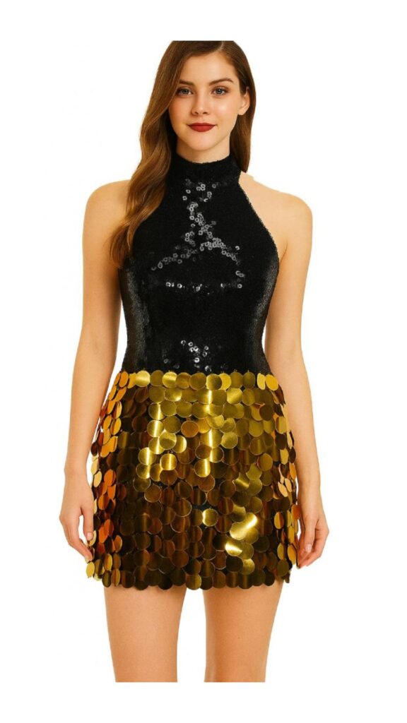 Short Black Sequin Dress with Gold Paillette Skirt