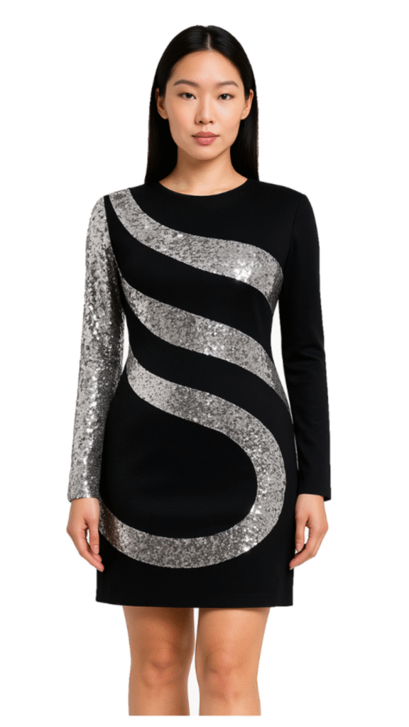 Short patterned dress in metallic silver sequin fabric and stretch black fabric with sleeves