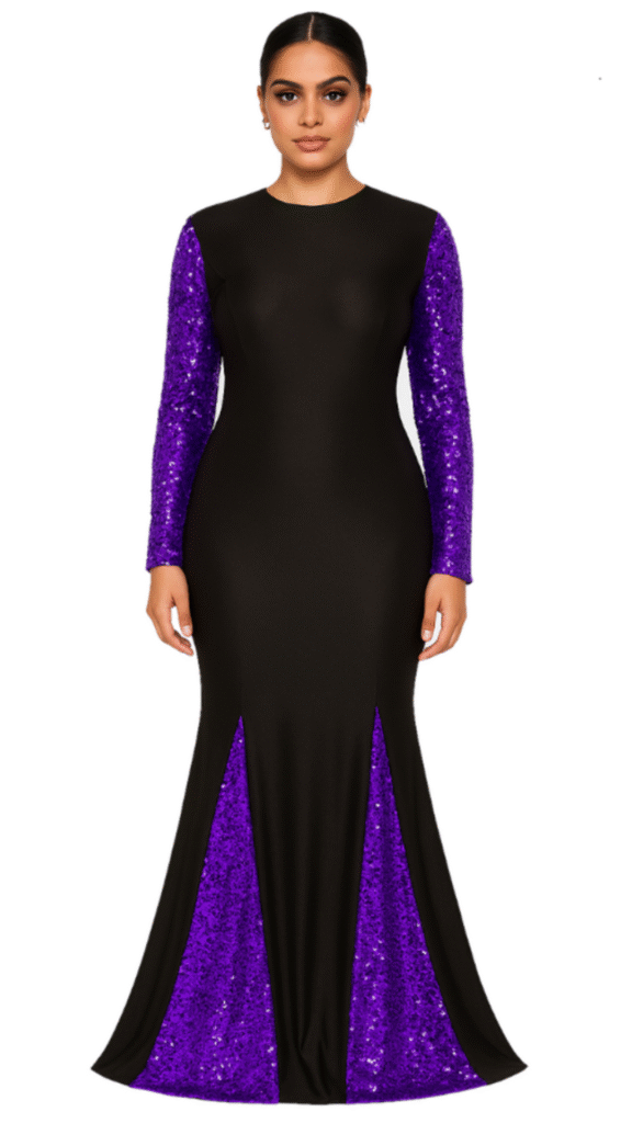 Oversized sleeve gown in metallic purple sequin fabric, black stretch fabric and with flared hemline