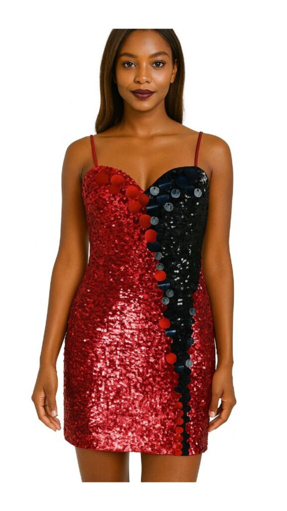 Short patterned dress in red and black sequin fabric with highlight paillettes sequins