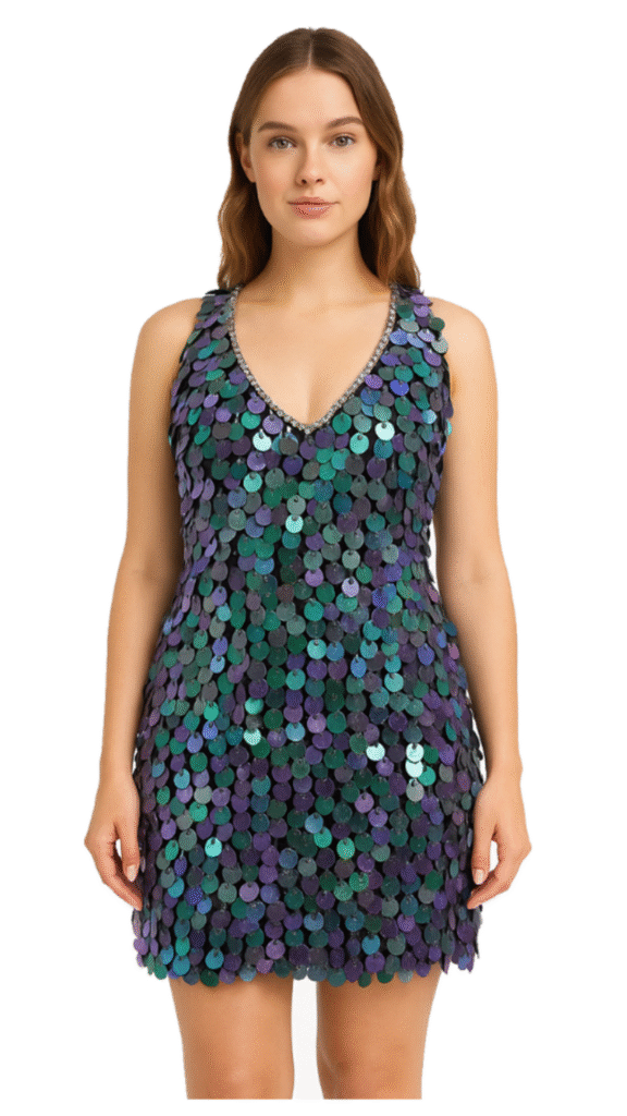Short handmade sequin dress pearl iridescent lilac paillette sequins with silver faceted beads and halter neck cut