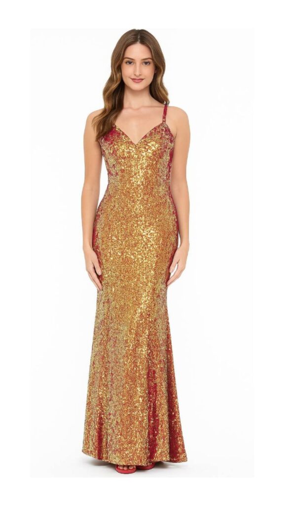 Long handmade sequin dress, in 8mm cupped iridescent red, orange and pale green sequins