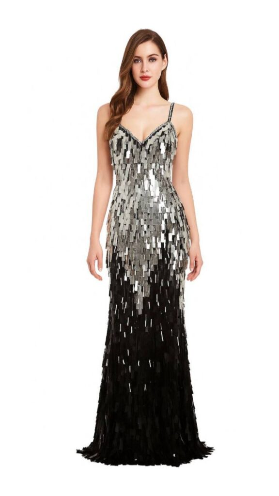 Long handmade sequin dress in rectangular black and metallic silver paillette sequins over black base fabric in a classic flared hemline cut