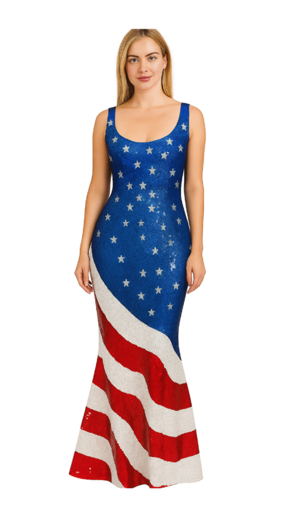 Long Handmade Patterned Sequin Stars and Stripes USA Gown