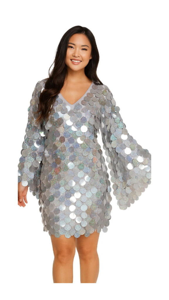 Short Handmade Silver Hologram Sequin Dress with Sleeves