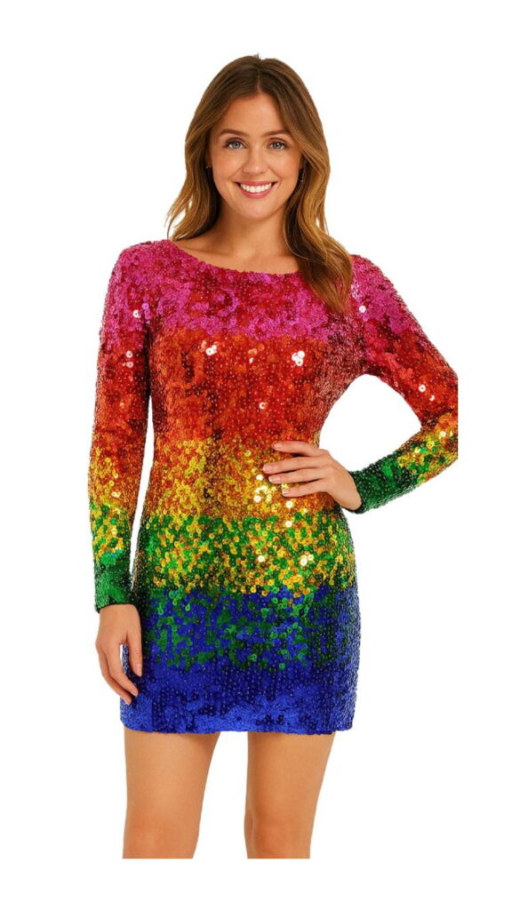 Handmade Short Dress In Rainbow Color 10mm Sequins with Long Sleeves
