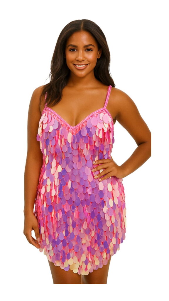 Handmade Short Hologram Tear Shapped Sequins Dress In Pink and Silver
