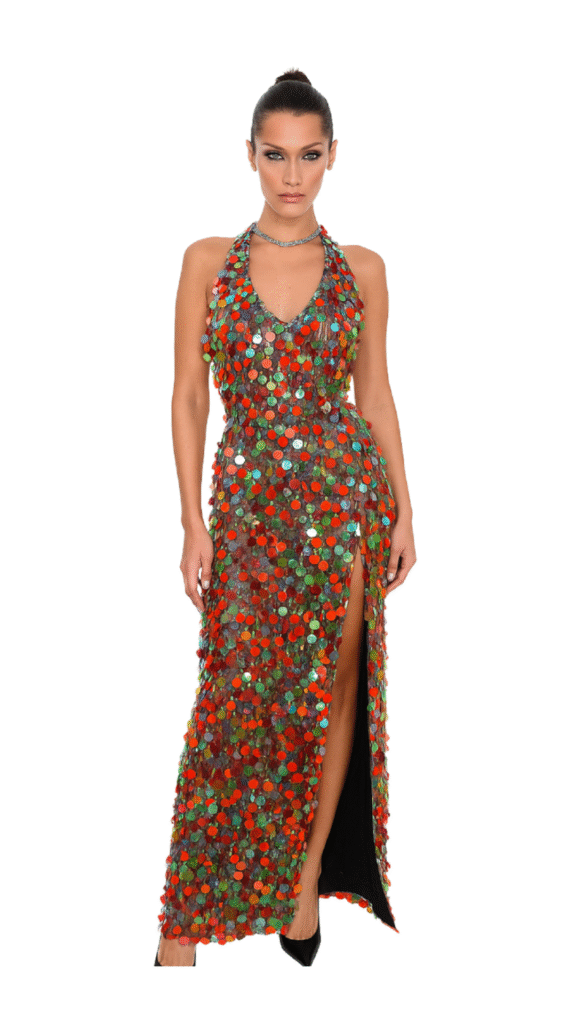 Long Handmade Copper & Transparent Hanging Sequins Gown