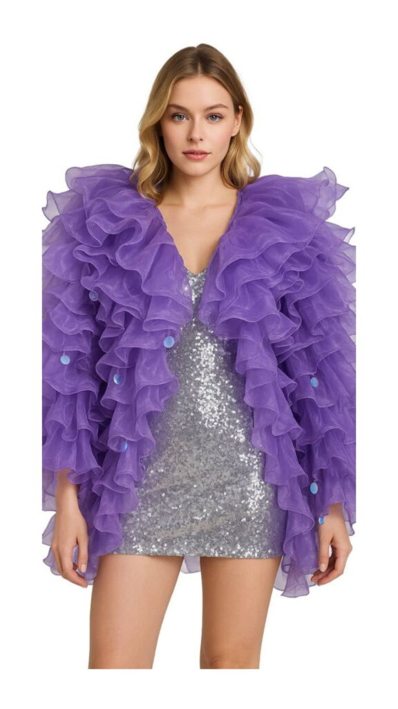 Long Sleeves Purple Ruffles with Hanging Sequins Short Purple Coat