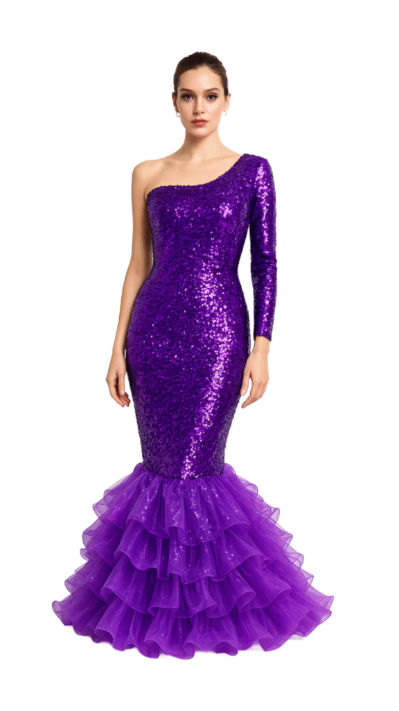 Long dress in metallic purple sequin fabric with purple ruffles and one sleeve cut