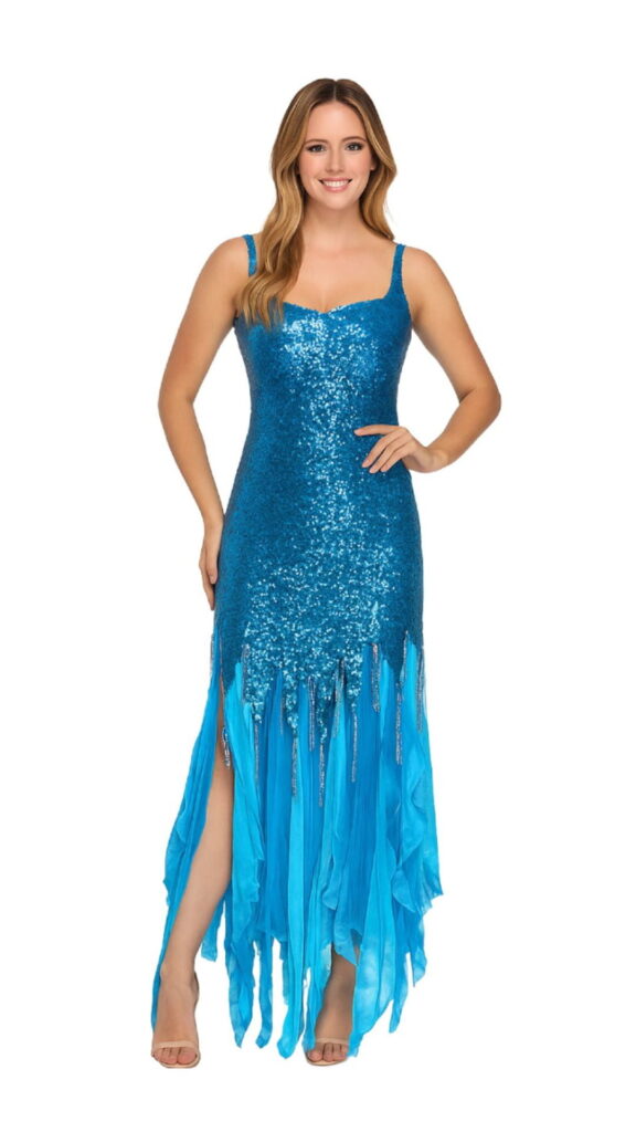 Long Turquoise Blue Sequin Fabric Dress With Organza Ruffles And Jagged Beaded Hemline