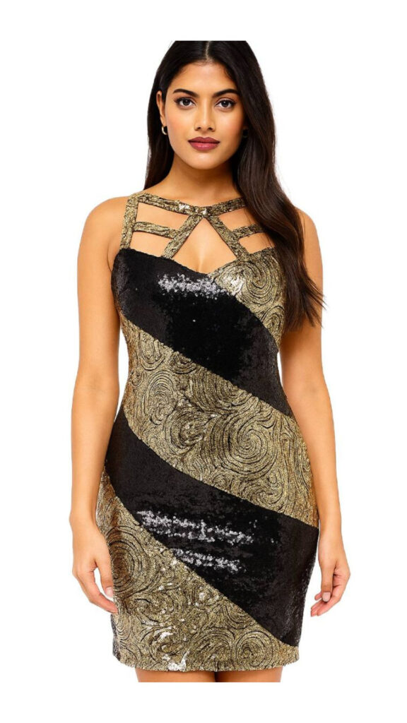 Short Gold and Black Baroque Sequin Fabric Dress