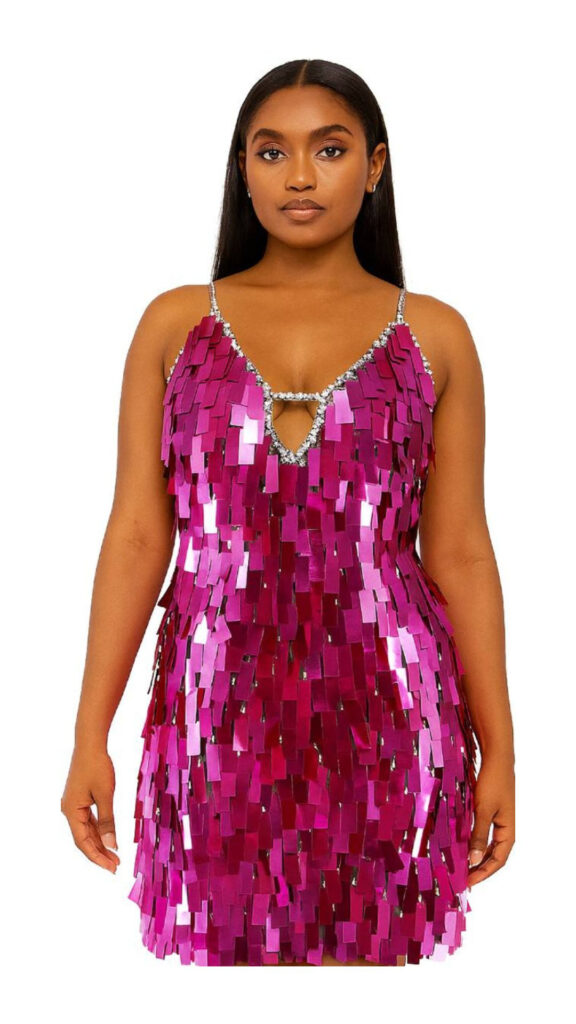 Paillette Handmade Sequin Dress In Rectangular Metallic Fuchsia Paillette Sequins With Silver Faceted Beads