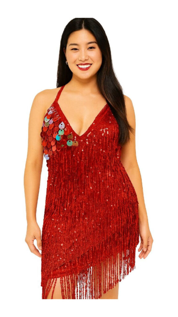 Short Red Sequin Fabric Dress With Hologram Hanging Sequins