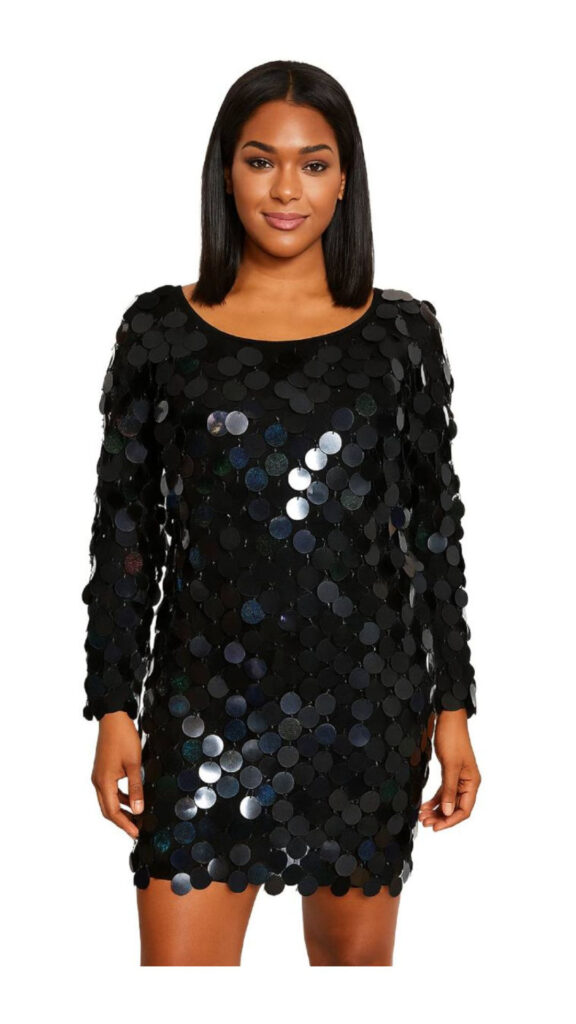Short Handmade Black Hologram Sequin Dress with Sleeves