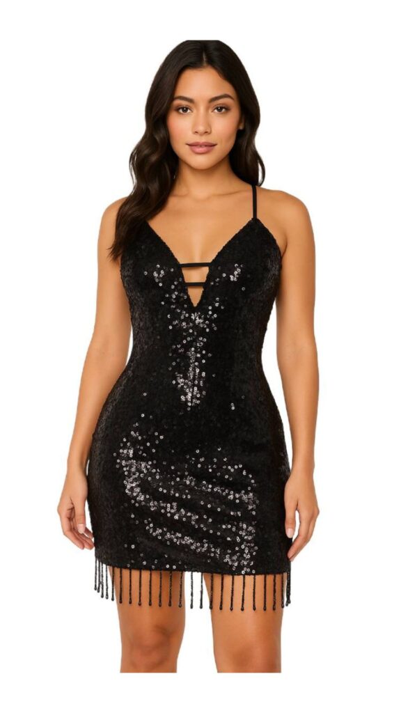 Short handmade sequin dress, in 8mm flat iridescent black sequins