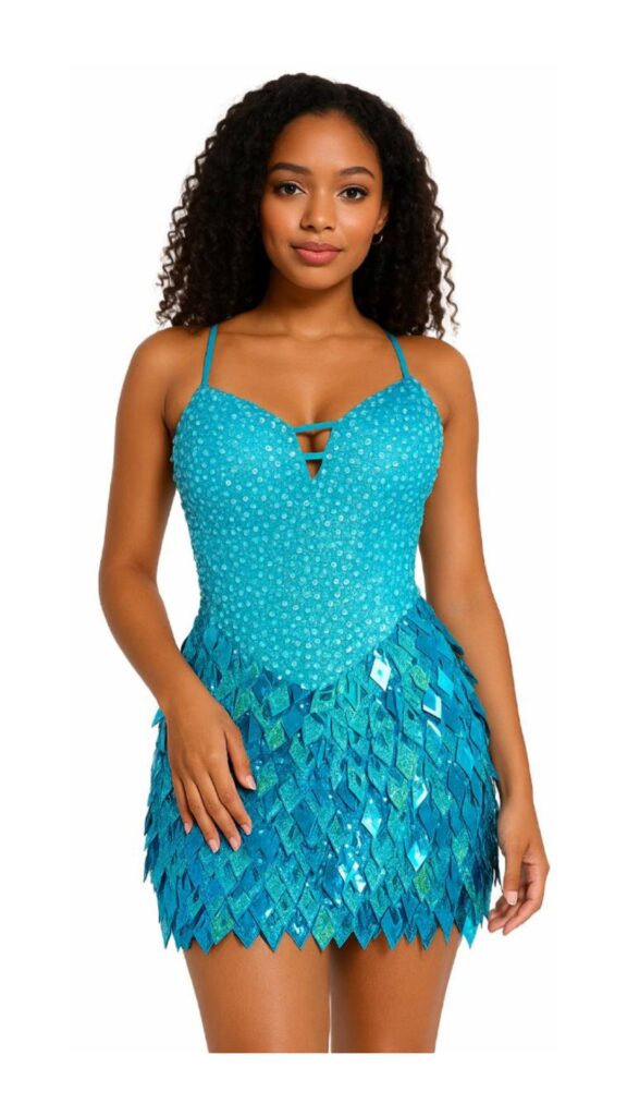 Short handmade sequin dress, with 10mm hologram turquoise fishscale sequins