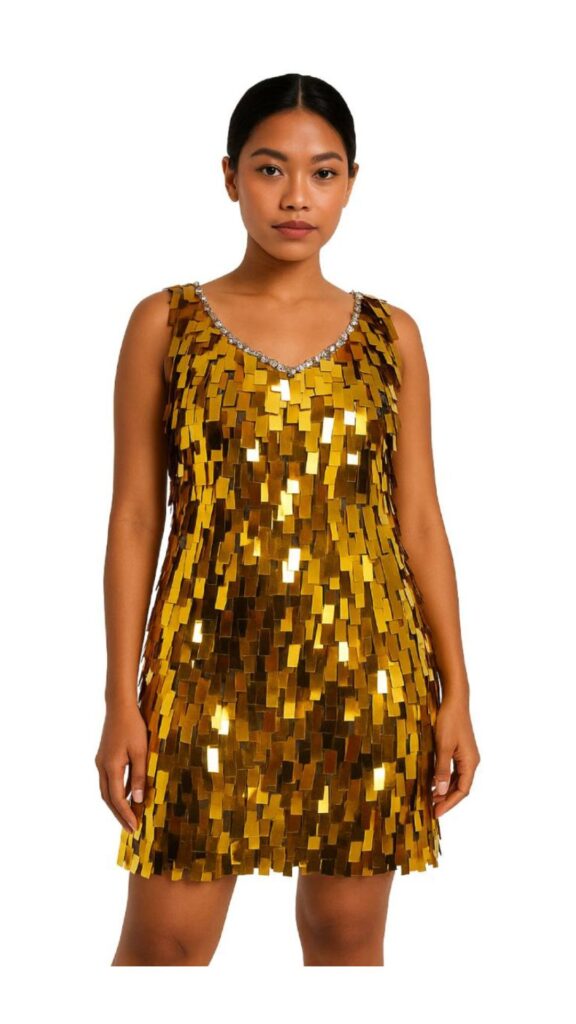 Short handmade sequin dress, in rectangular metallic gold paillette sequins with silver faceted beads