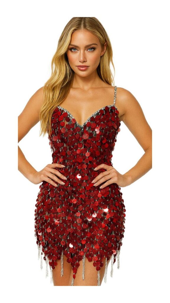 Short handmade sequin dress in red hologram paillette sequins with silver beads