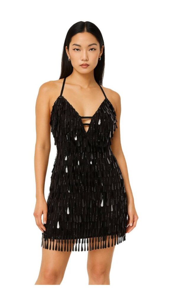 Short handmade sequin dress, with tear-drop shaped black paillette sequins