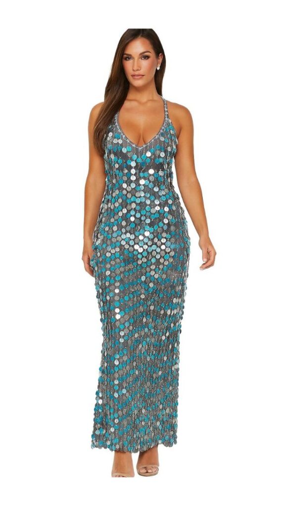 Long handmade sequin dress, in 20mm hologram turquoise paillette sequins with silver faceted beads