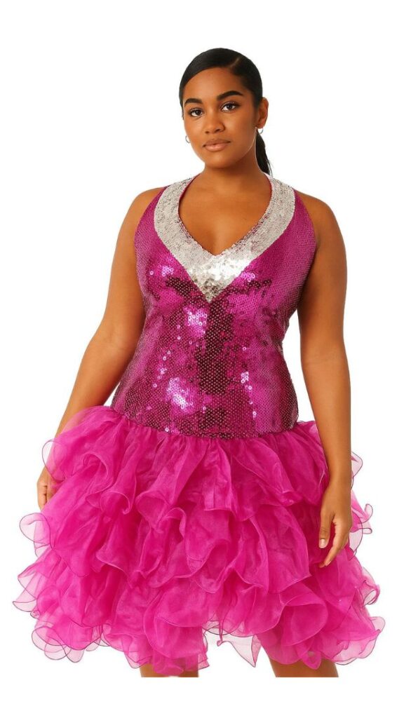 Short Hand Made Sequin Dress In Fuchsia And Silver With Fuchsia Ruffle Skirt