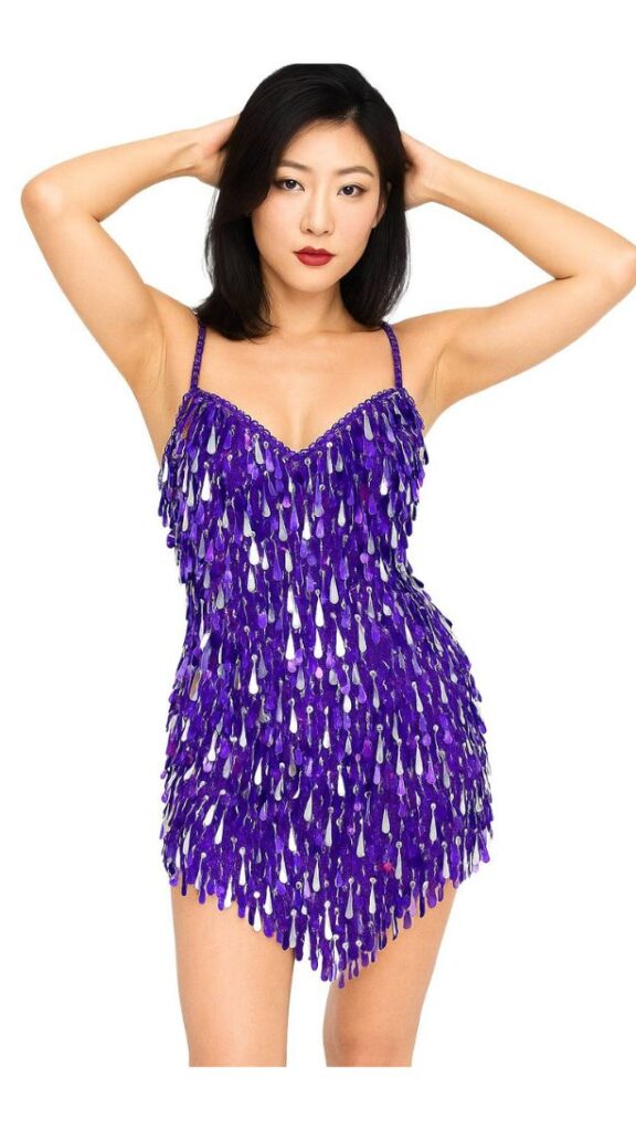 Handmade Short Metallic Tear Shapped Sequins Dress In Purple and Silver