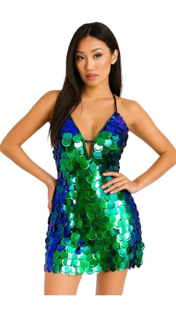 Short handmade sequin dress, in 30mm cut-out iridescent emerald green paillette sequins