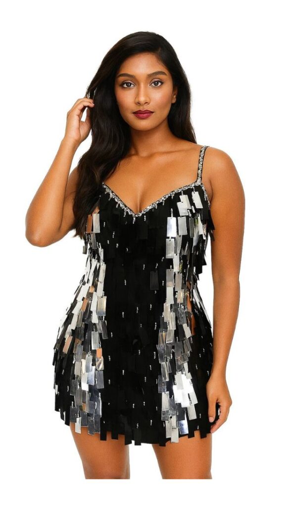 Handmade Short Metallic Sequins Dress In Black and Silver