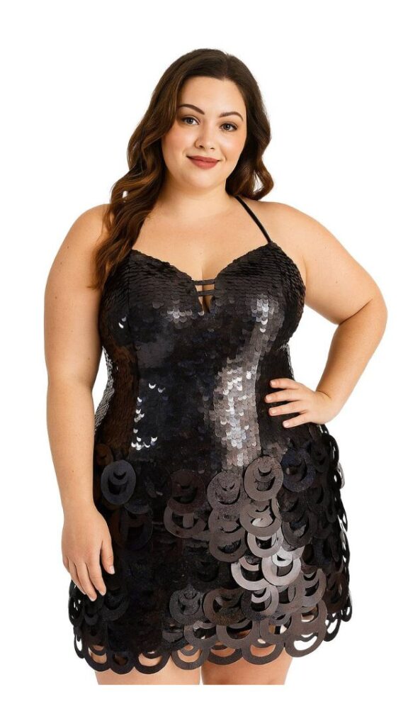 Short handmade sequin dress with 10mm black fishscale sequins on the bodice