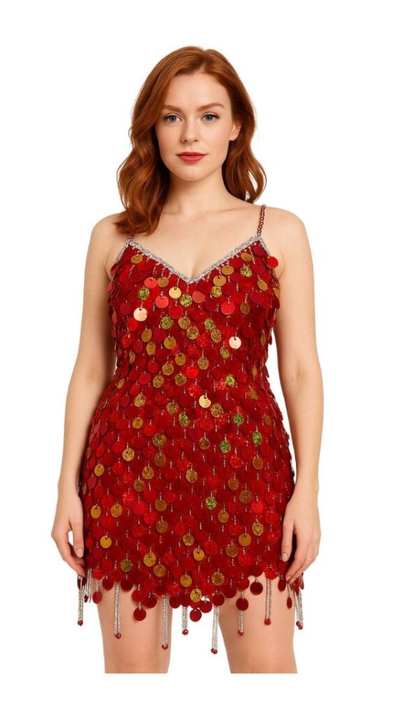 Handmade Red and Gold Hologram Sequin Short Dress with Jagged Beaded Hemline